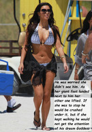 bikini collage black_hair long_hair story walking unaware shrunken_man sunglasses captions flip_flops raised_foot imminent_crush