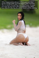 bikini collage black_hair long_hair butt beach wet kneeling shrunken_man looking_back looking_at_viewer dialogue