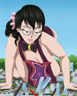 drawing giantess city mega black_hair long_hair destruction glasses huge_breasts crawling tie looking_down crowds running_away giantwaifus