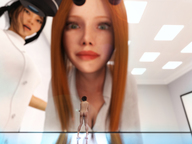black_hair long_hair cleavage asian red_hair pigtails bending_over shrunken_man looking_down goggles lab_coat microscope digital_render