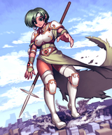 drawing city mega color armor destruction skirt buildings green_eyes green_hair short_hair boots foot_crush legs weapon looking_down cape earrings gareit0