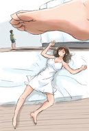 drawing feet sleeping color long_hair barefoot bed brunette shrunken_man close_up looking_up bikuta raised