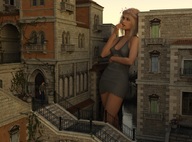 gentle giantess city blonde long_hair clothed cleavage buildings dress leaning runswithferrets digital_render onlooker