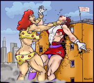 breasts drawing giantess panties mega upskirt color large_breasts destruction clothed blood brunette giganta gloves red_hair dress muscles abs fighting giantesses outdoors doom_patrol belt ripped_clothing hairband leopard_print skimpy_clothing dc_comics bare_legs elasti-girl bare_midriff rita_farr