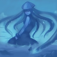 drawing giantess monochrome long_hair destruction ocean looking_down tentacles bracelet smirking
