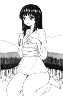 drawing giantess monochrome black_hair long_hair barefoot kneeling outdoors trees thick_thighs