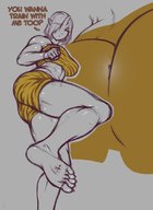 drawing large_breasts short_hair oni muscles shorts looking_down under_foot raised_foot horn stuck_to_foot no_background pointed_ears kononiko