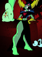 drawing white_hair horns alien color armor barefoot skirt red_eyes smiling gloves looking_down sneakers freckles disney hands_on_hips stuck_to_foot thick_thighs green_skin rtuenuik2 bare_midriff lord_dominator wander_over_yonder