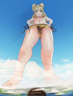 bikini drawing panties giga city upskirt blonde color destruction barefoot cleavage low_angle smiling foot_crush pigtails hand looking_at_viewer bare_midriff