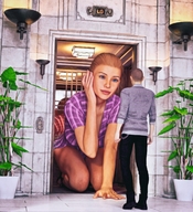 gentle giantess blonde blue_eyes clothed dress kneeling doorway elevator digital_render narkoman22