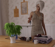 white_hair clothed handheld dress short_hair shrunken_man looking_down dangle indoors aquarium hanging_on plants mug digital_render
