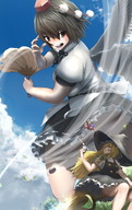 drawing giantess panties upskirt blonde black_hair long_hair clothed multiple_sizes dress witch clouds hat sunny broom ururu