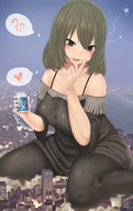 drawing city mega color destruction buildings brunette sitting drink medium_length_hair looking_down debris uru crop_top