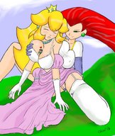 drawing giantess chief mega blonde color long_hair princess_peach nipping green_eyes red_hair lesbians giantesses between_breasts jessie_(pokémon)
