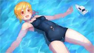 drawing giantess blonde long_hair swimsuit red_eyes lying_down looking_down swimming boats floating mouth_open