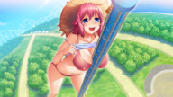 drawing giantess large_breasts blue_eyes bra smiling red_hair unknown_artist tower hat between_breasts