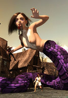 giantess nude vore sword handheld brunette village medium_length_hair fighting outdoors snake_girl imminent_vore shield pointed_ears digital_render