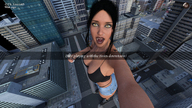 giantess city black_hair large_breasts long_hair cleavage high_angle yellow_eyes shorts open_mouth sneakers outdoors tongue_piercing digital_render giantess_lover45