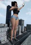 giantess city black_hair long_hair destruction handheld buildings shoes ponytail navel shorts standing top digital_render selfie giantess_lover45 bare_midriff