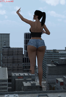 giantess city black_hair long_hair handheld buildings shoes ponytail shorts standing top digital_render selfie giantess_lover45 bare_midriff