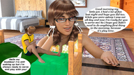 clothed barefoot glasses bed brunette domination sitting shorts shrunken_man ponytails bedroom manicure dialogue digital_render aaabbbzzz