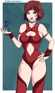 drawing large_breasts clothed handheld cleavage gloves red_hair short_hair shrunken_man headband no_background bare_midriff