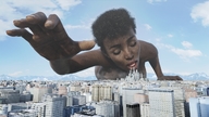 giantess nude city mega destruction lying_down hand open_mouth dark_skin closed_eyes imminent_vore digital_render bigiolax