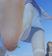 giantess collage city mega black_hair long_hair barefoot airplane outdoors raised_foot hands_on_hips bloomers