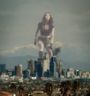 collage city mega destruction gloves wonderslug red_hair jets skyscraper mountains los_angeles karen_gillan