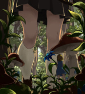 drawing clothed skirt low_angle socks mushroom shrunken_woman forest hiding flower outdoors