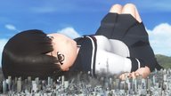 giantess giga city black_hair destruction skirt lying_down short_hair uniform outdoors digital_render
