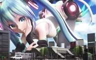 giantess hatsune_miku city long_hair blue_hair smiling crawling twintails looking_down outdoors digital_render head_in_hand