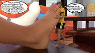 long_hair barefoot glasses brunette story foot_worship pigtails shorts shrunken_man looking_down pinned under_foot top dialogue digital_render