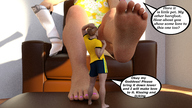 long_hair barefoot glasses brunette story foot_worship pigtails shorts shrunken_man looking_down pinned under_foot top dialogue digital_render