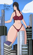 bikini drawing giantess panties city black_hair large_breasts bra green_eyes lingerie skyscraper thick_thighs speaking