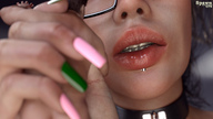 handheld glasses collar shrunken_man long_nails nail_polish spawngts digital_render lip_piercing lips_parted lip_stud