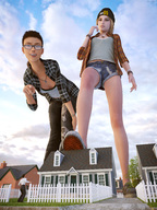 giantess blonde cleavage glasses green_eyes brunette brown_eyes small_breasts shorts giantesses sneakers houses necklace fence bracelet nose_ring sorenzer0 pointing_at_victim digital_render