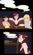 breasts drawing blonde comic black_hair color penis blue_eyes cleavage green_eyes red_hair blowjob shrunken_man screeeow pierced_lip