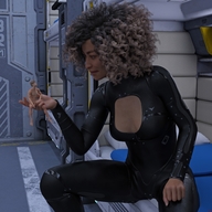 breasts gentle giantess clothed handheld shrunken_man bodysuit dark_skin science_fiction drcreep digital_render cleavage_window skintight_clothing