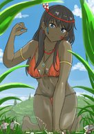breasts drawing giantess panties color bra jungle dark_skin jewelry between_fingers necklace native pendant soldiers headband looking_at_victims on_knees piyonaf
