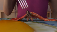 long_hair glasses brunette fork shrunken_woman pinned eggs imminent_vore digital_render on_plate bigiolax lexisizestuff bacon