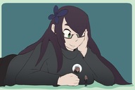 drawing black_hair large_breasts long_hair brunette lying_down shrunken_woman looking_down dark_skin flower hoodie head_in_hand lexisizestuff