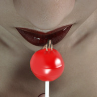 long_hair brunette shrunken_woman trapped lollipop imminent_vore no_background digital_render bigiolax lips_parted lexisizestuff