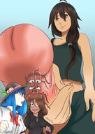 drawing long_hair giant male penis glasses shrinking blue_hair ponytail dark_skin top hoodie tenshi_hinanawi no_background large_penis lexisizestuff