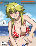 bikini drawing blushing blonde large_breasts long_hair beach smiling looking_down outdoors bracelet kasumikills