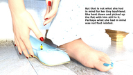 clothed bed in_shoe story shrunken_man indoors nail_polish blue_nails digital_render