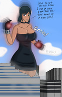 breasts drawing growth giantess city mega color large_breasts destruction buildings outgrowing_building gloves dark_skin outdoors choker freckles bracelet dialogue heterochromia