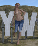 breasts nipples giantess mega blonde barefoot jeans topless posing pigtails runswithferrets braid hollywood_sign pointed_ears digital_render