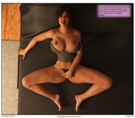 breasts nipples gentle nude masturbation barefoot pubic_hair bed brunette lying_down navel legs shrunken_man digital_render openhighhat narration