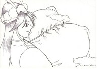 drawing giantess mega monochrome anime huge_breasts nao clouds